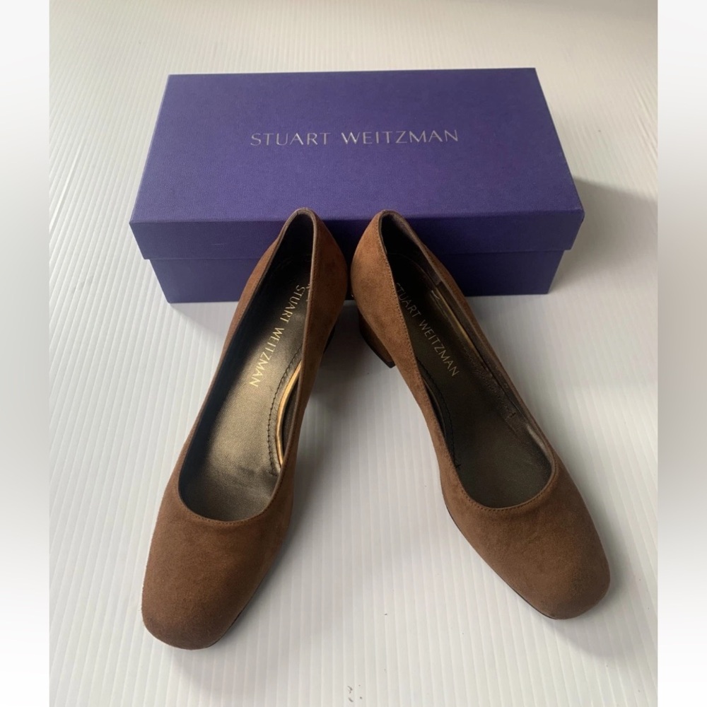 Stuart Weitzman Sz 6.5M MaryMid Walnut Suede Block Heel Pumps